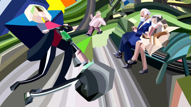 four people in a park each busy with their things