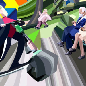 four people in a park each busy with their things